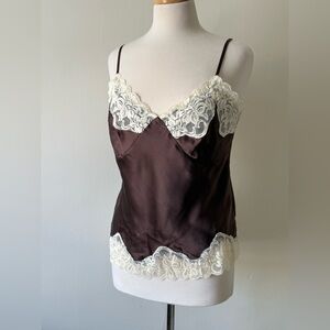 Vintage 90s Nygard Collection 100% Silk Lace Trim Camisole | Brown Ivory